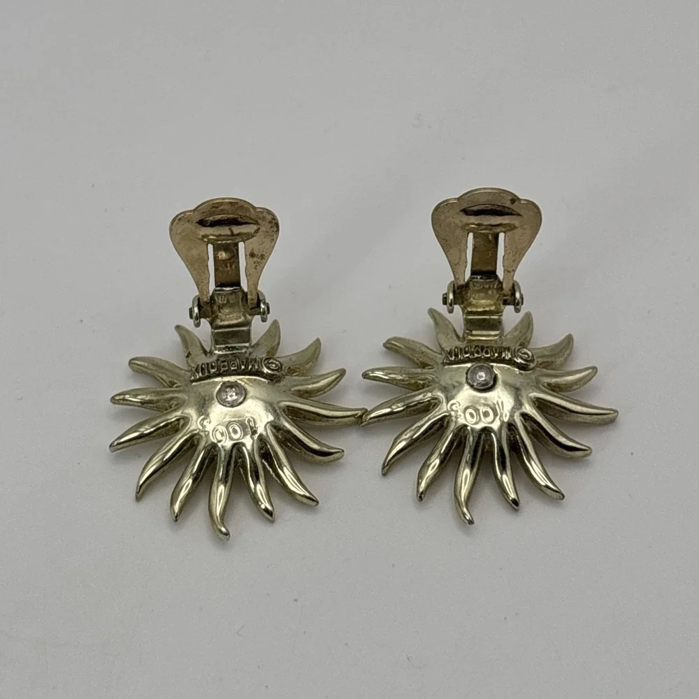 Vintage Marboux Clip On Gold Tone Earrings Sun Sunburst Flower Rhinestones